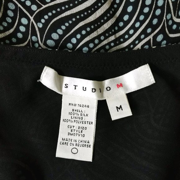 Studio M 100% silk skirt blue black cream geometric design flutter hem size M - Picture 3 of 7